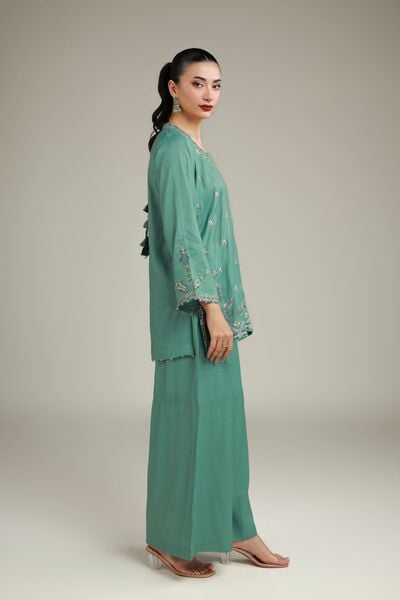 Embroidered | Raw Silk | Summer Teal Pants | USD 35.00