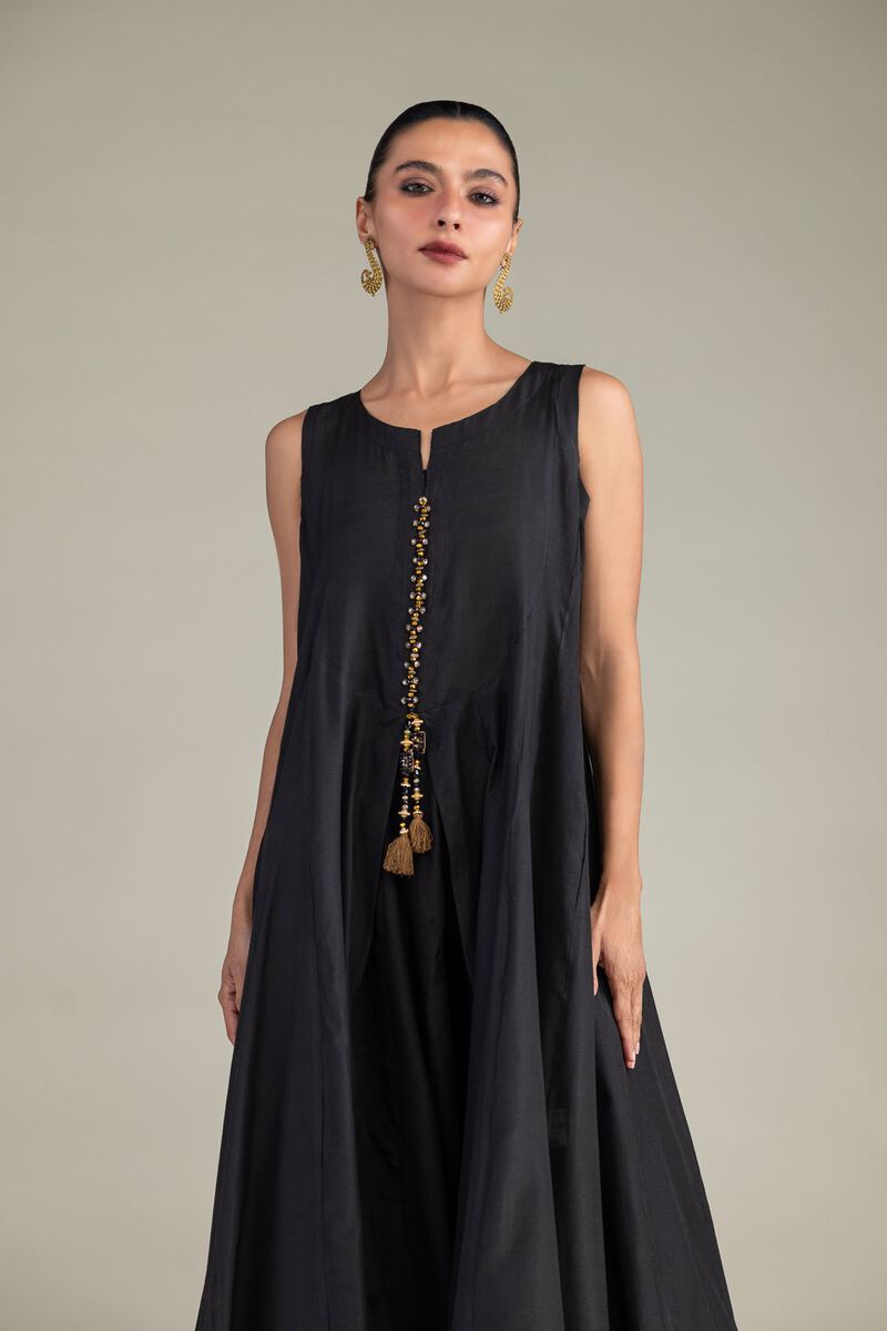 Dyed | Textured Raw Silk | Black Sleeveless Kurta | USD 55.00