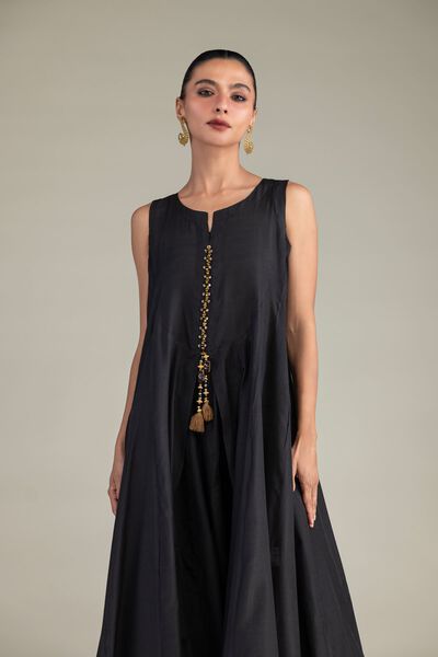 Dyed | Textured Raw Silk | Black Sleeveless Kurta | USD 55.00
