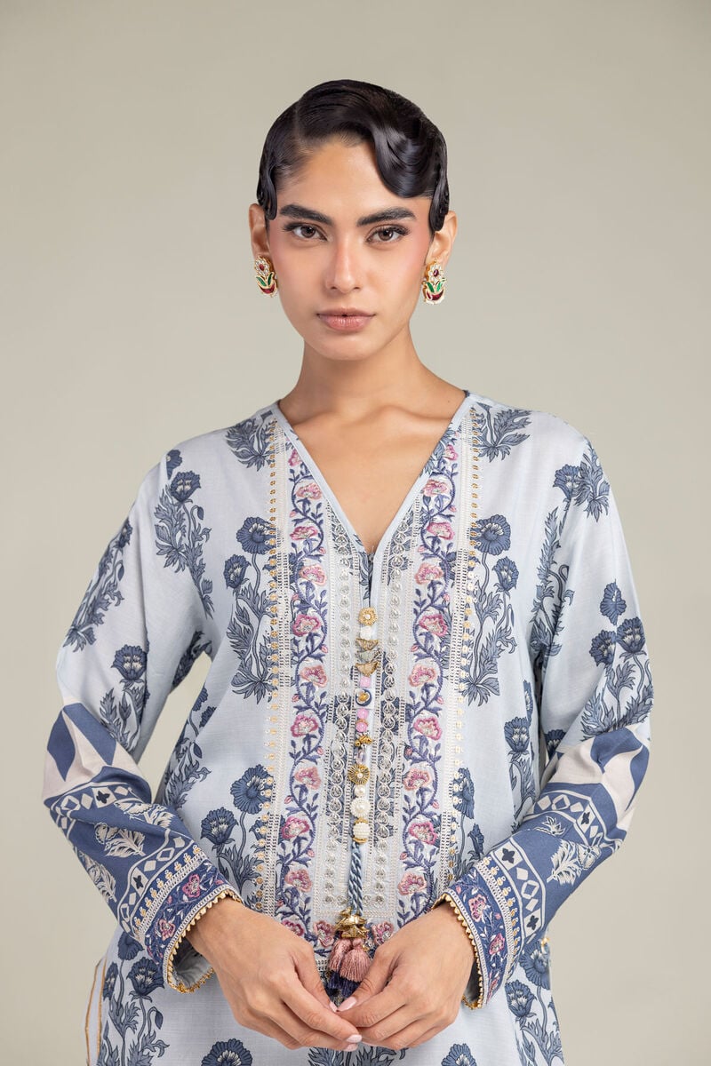 Embroidered | Raw Silk | Floral Blue Kurta | USD 65.00