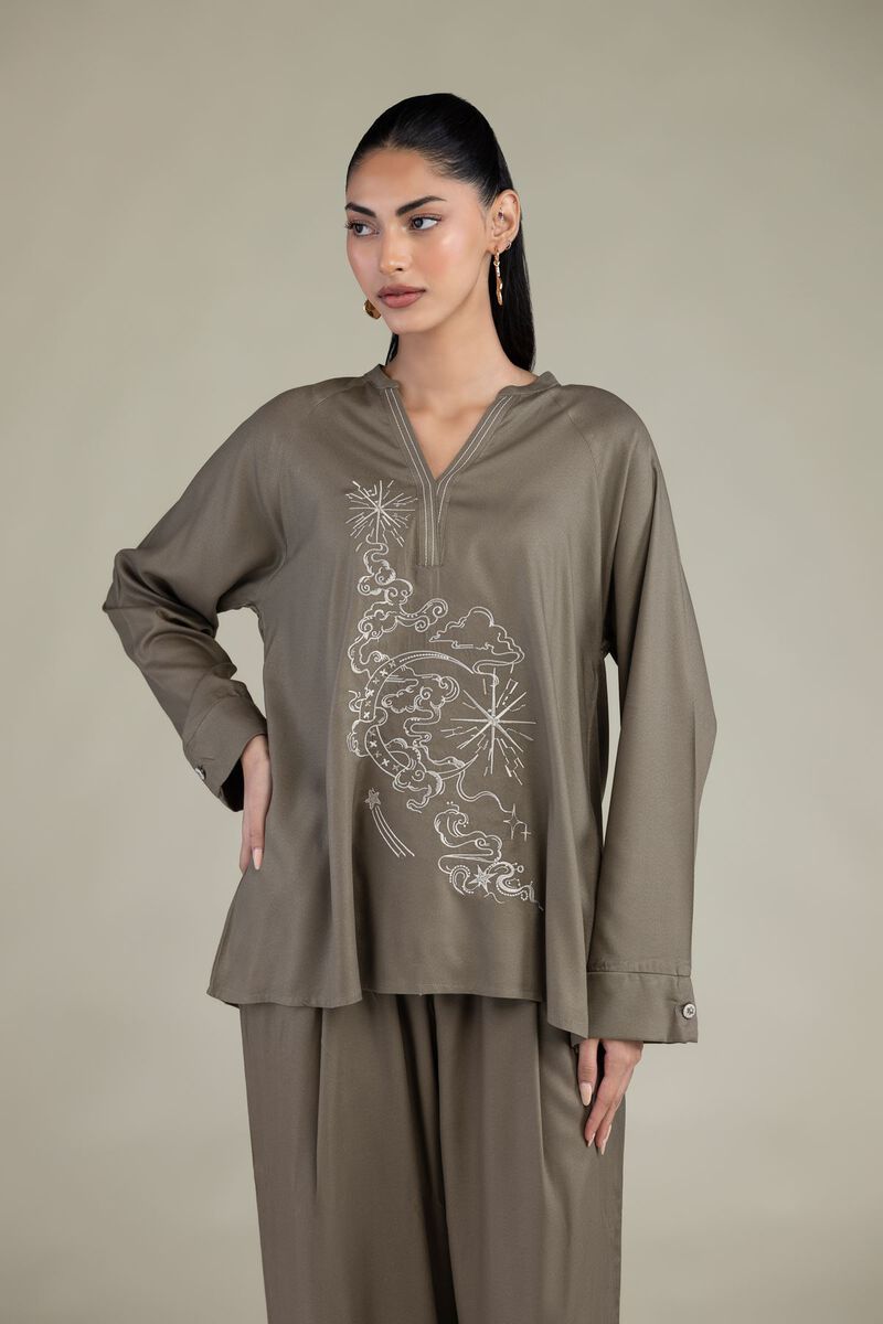Embroidered | Viscose Crepe | Olive V-Neck Tunic | USD 35.00