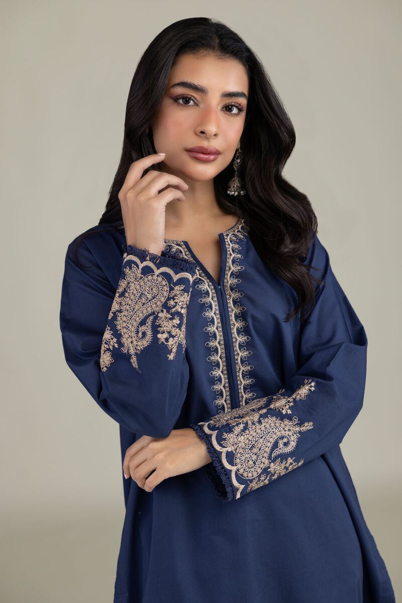 Embroidered | Cambric | Navy V-Neck Kurta | USD 35.00
