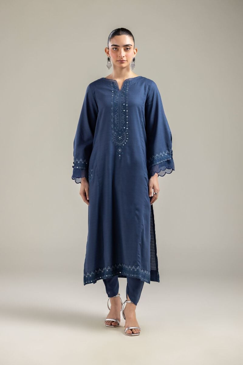 Embroidered |Cotton Dobby | Long Navy Kurta | USD 40.00