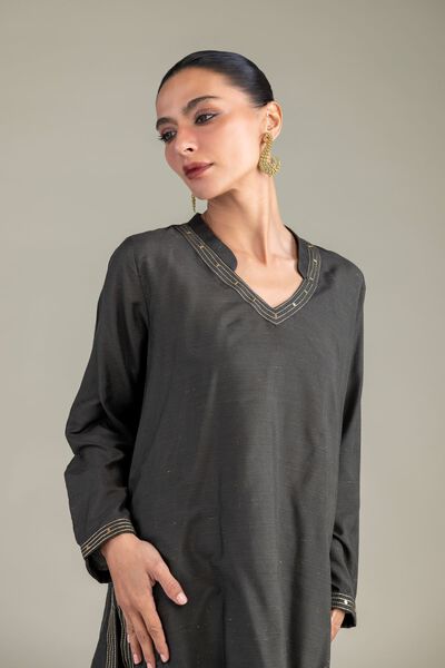 Dyed | Mesuri Silk | V-Neck Longline Kurta | USD 35.00