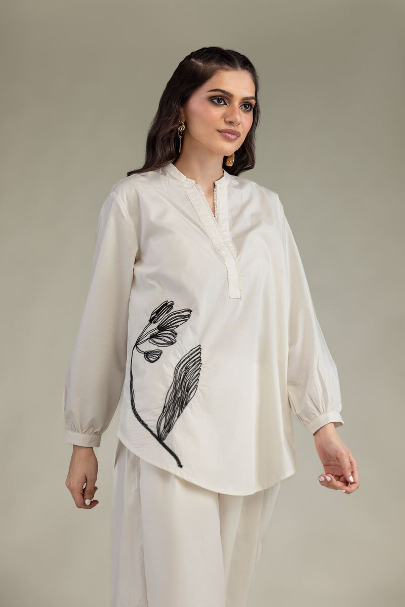 Embroidered | Poplin | Floral Band-Collar Shirt | USD 35.00