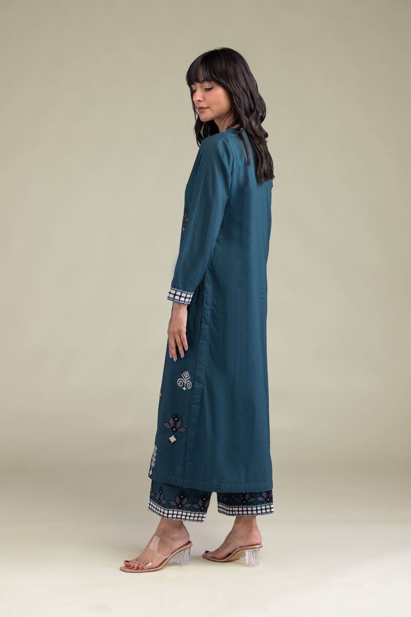 Embroidered | Cambric | Teal Longline Kurta | USD 35.00
