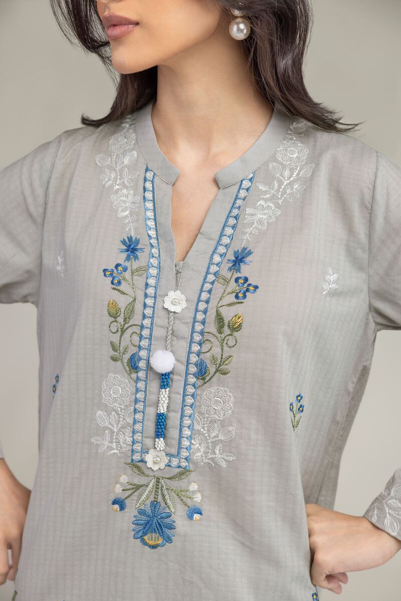 Embroidered | Cotton Dobby | Gray Cotton Kurta | USD 40.00