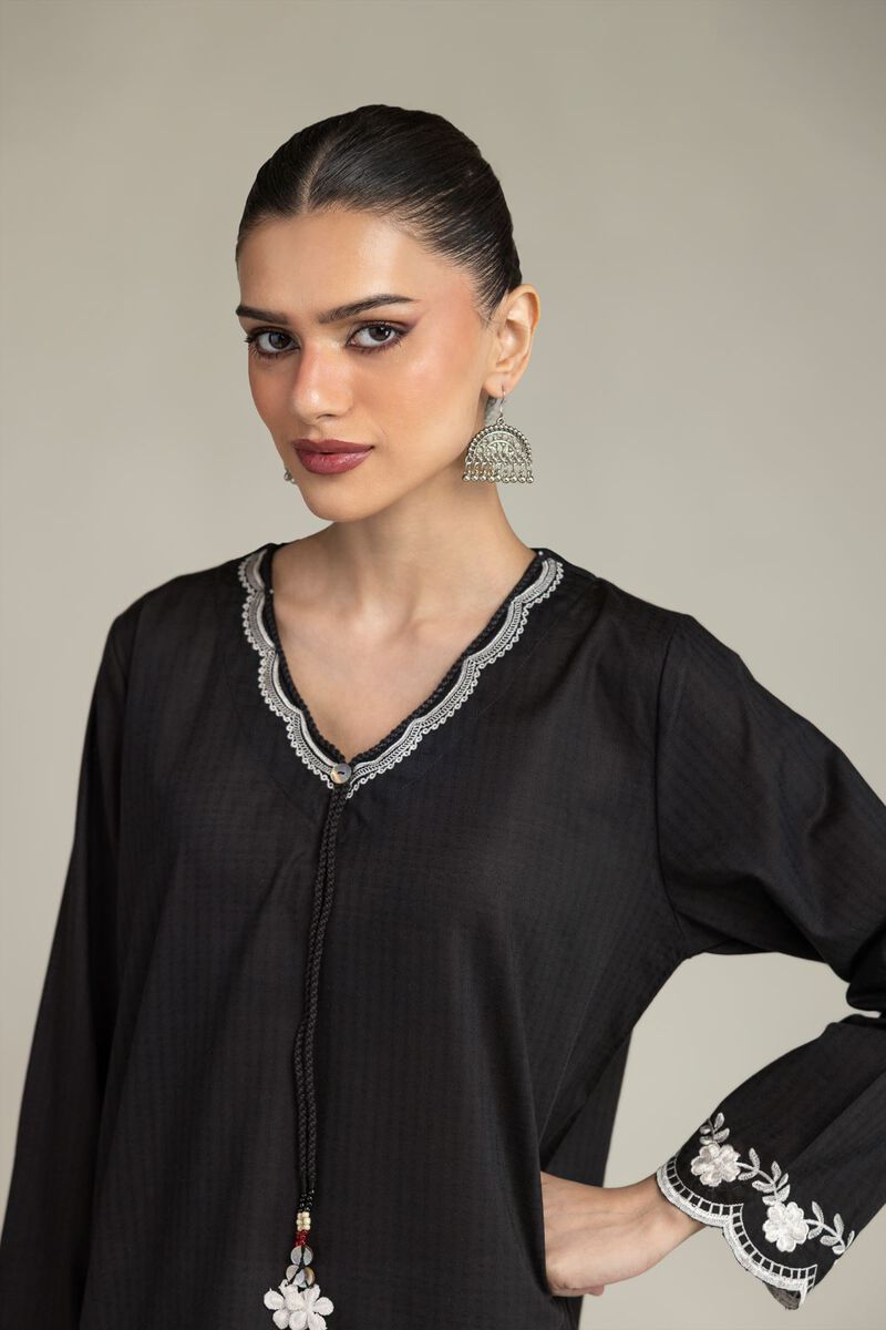 Embroidered | Cotton Dobby | Black V-Neck Kurta | USD 35.00