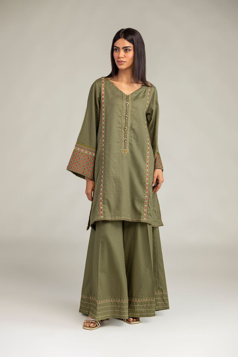 Embroidered | Cotton Dobby | Olive V-Neck Kurta | USD 40.00