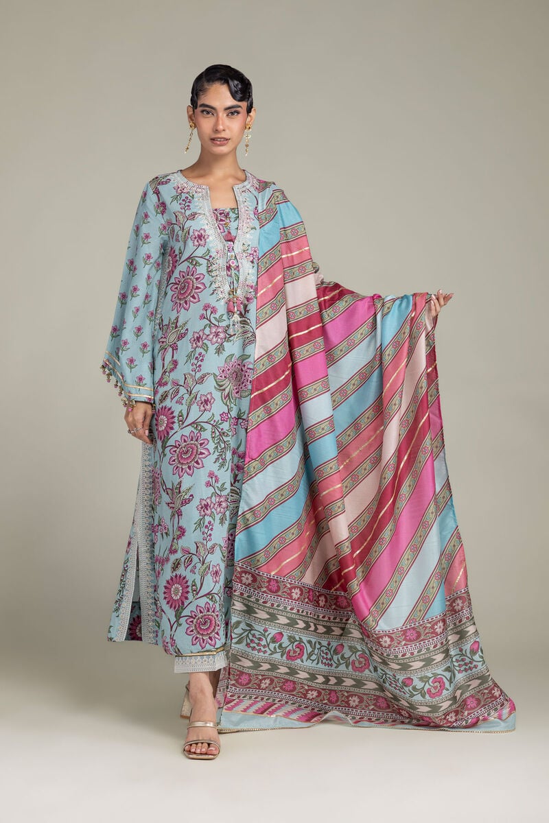 Embroidered | Polyester Silk | Blue Floral Dupatta | USD 35.00