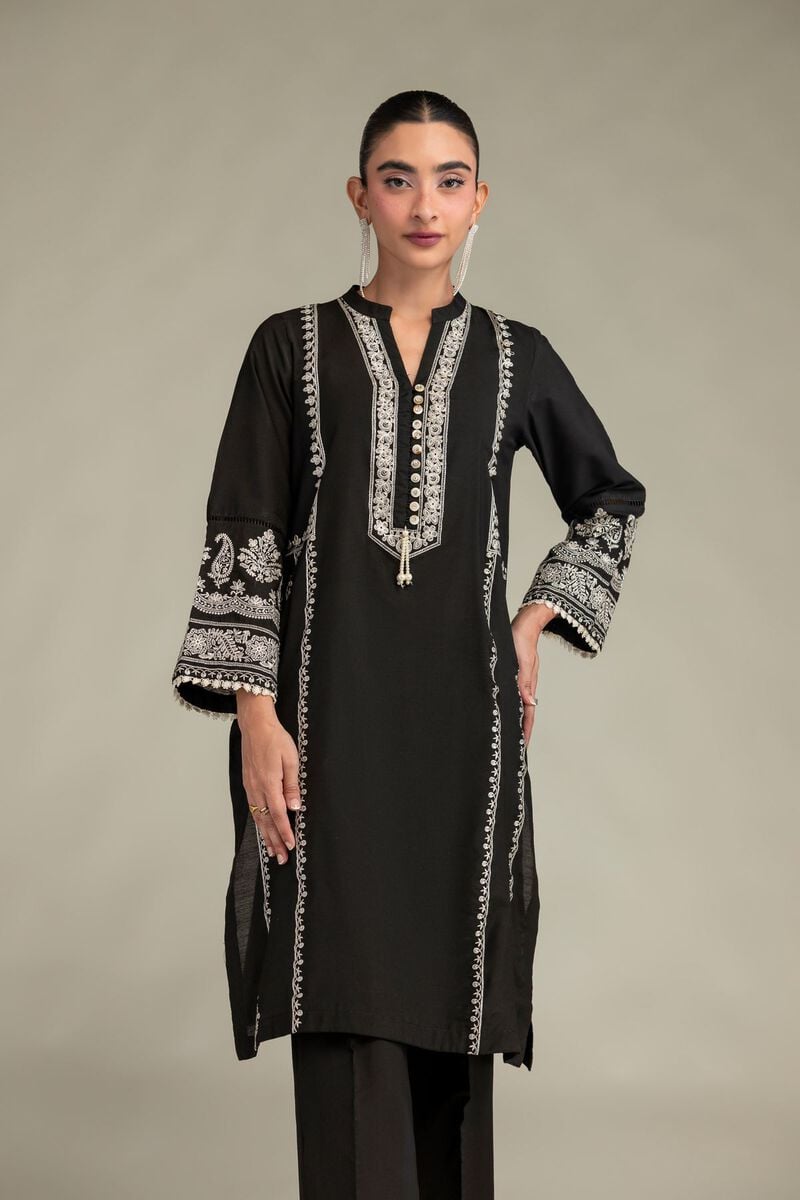 Printed | Raw Silk | Long Black Kurta | USD 55.00