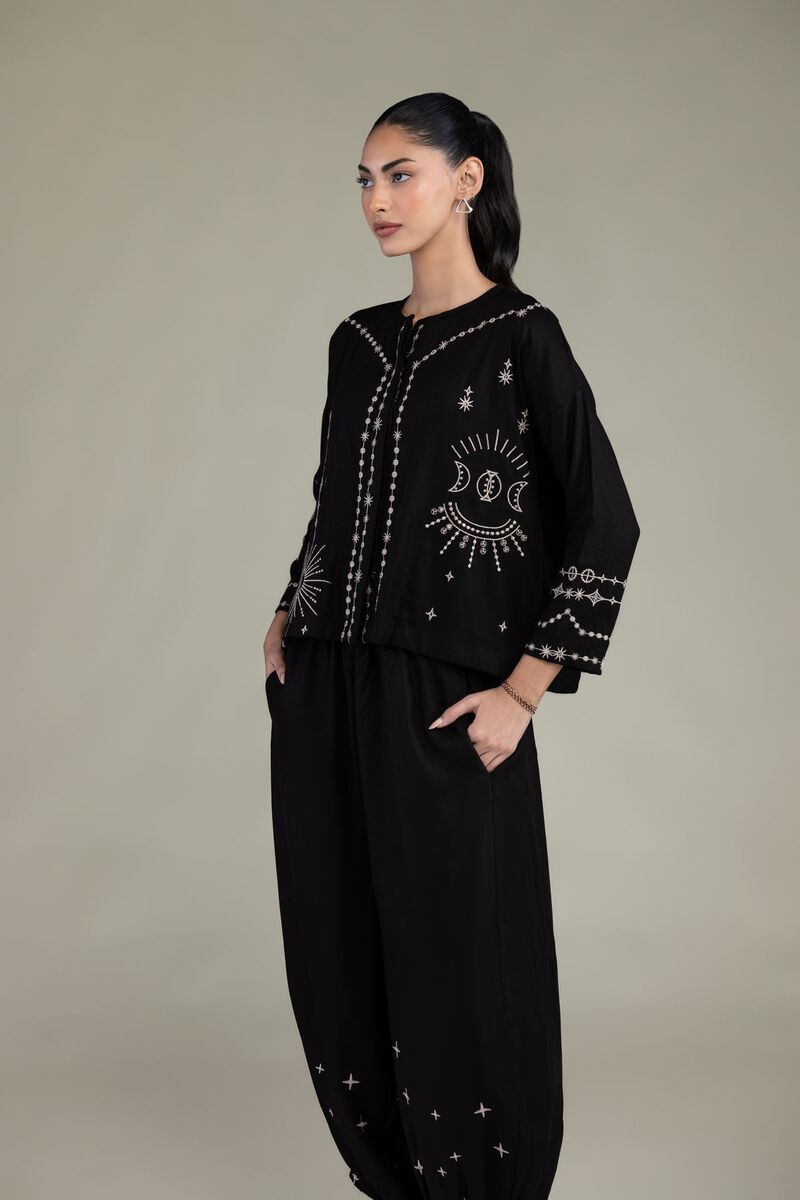Embroidered | Viscose Crepe | Black Round-Neck Shirt | USD 40.00