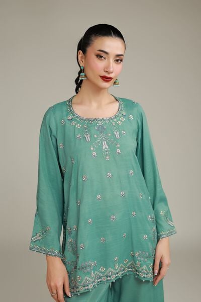 Embroidered | Raw Silk | Floral Drawstring Kurta | USD 65.00