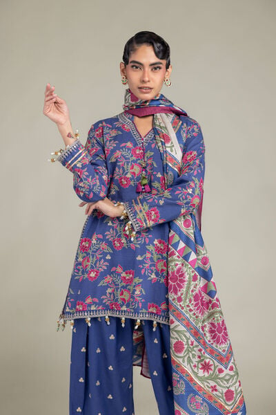 Embroidered | Raw Silk | Blue V-Neck Kurta | USD 65.00