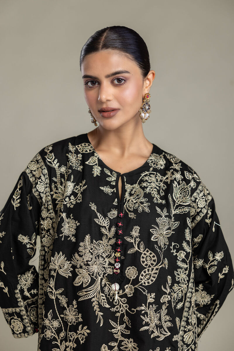 Embroidered | Raw Silk | Black Floral Kurta | USD 80.00