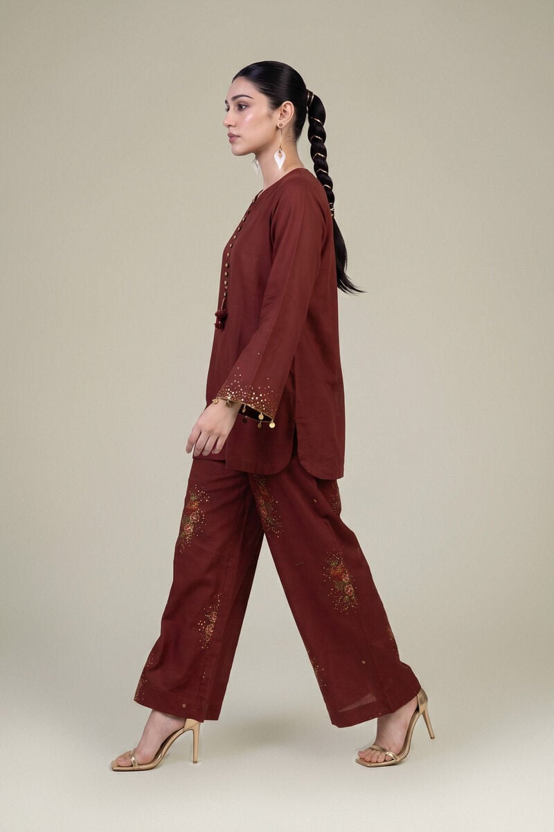 Embroidered | Raw Silk | Brown Floral Pants | USD 45.00