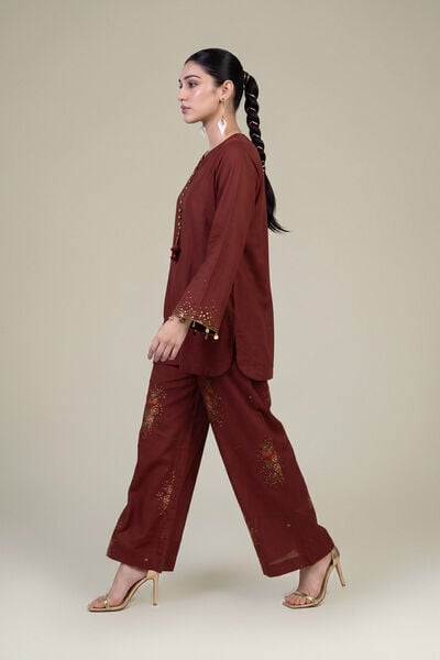 Embroidered | Raw Silk | Brown Floral Pants | USD 45.00