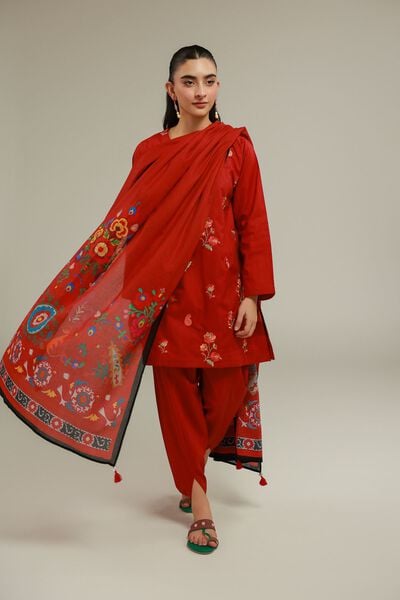 Embroidered | Cotton Net | Red Floral Dupatta | USD 25.00