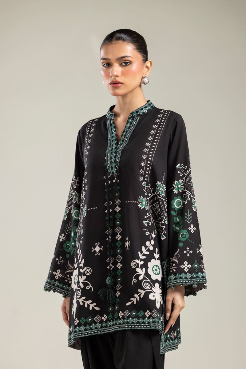 Embroidered | Raw Silk | Black V-Neck Kurta | USD 45.00