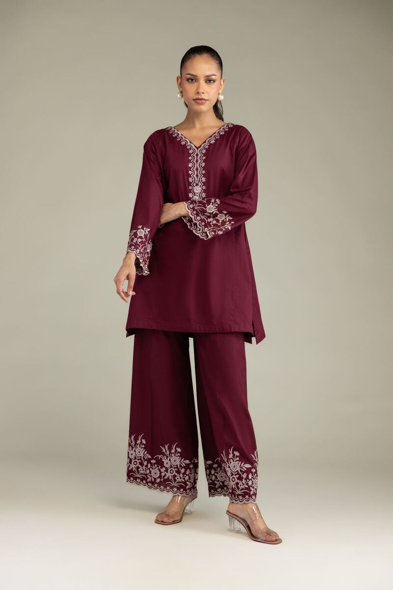 Embroidered | Cambric | Maroon Cambric Kurta | USD 40.00