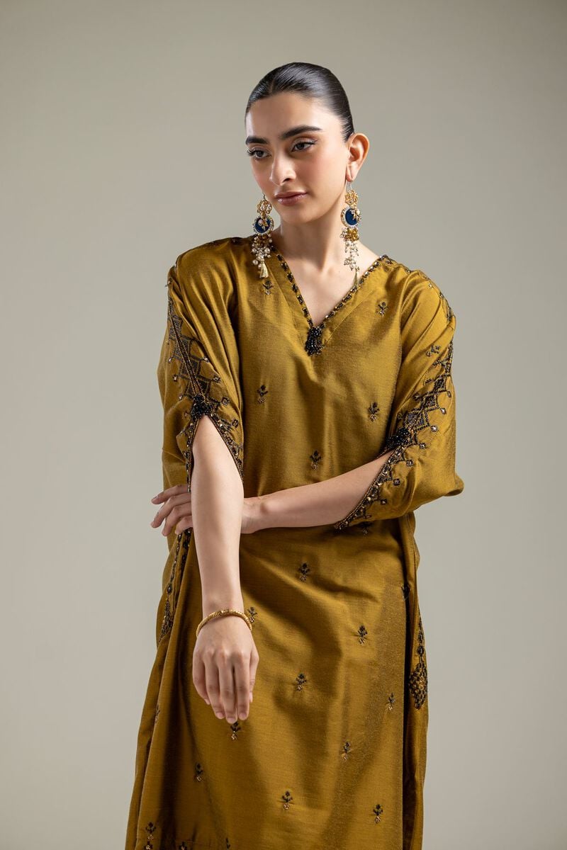 Raw Silk | Mustard Longline Kurta | USD 60.00
