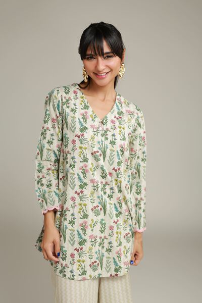 Embroidered | Cotton Dobby | Floral V-Neck Kurta | USD 30.00