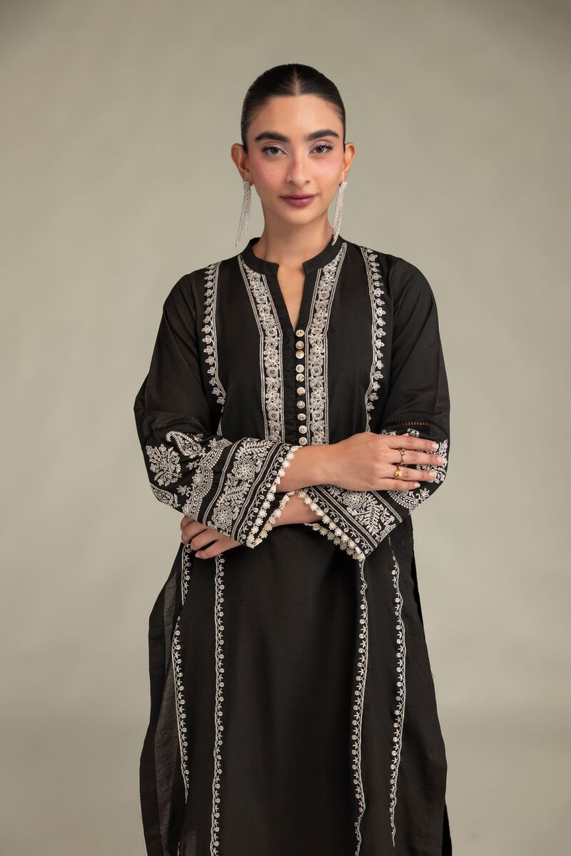 Printed | Raw Silk | Long Black Kurta | USD 55.00