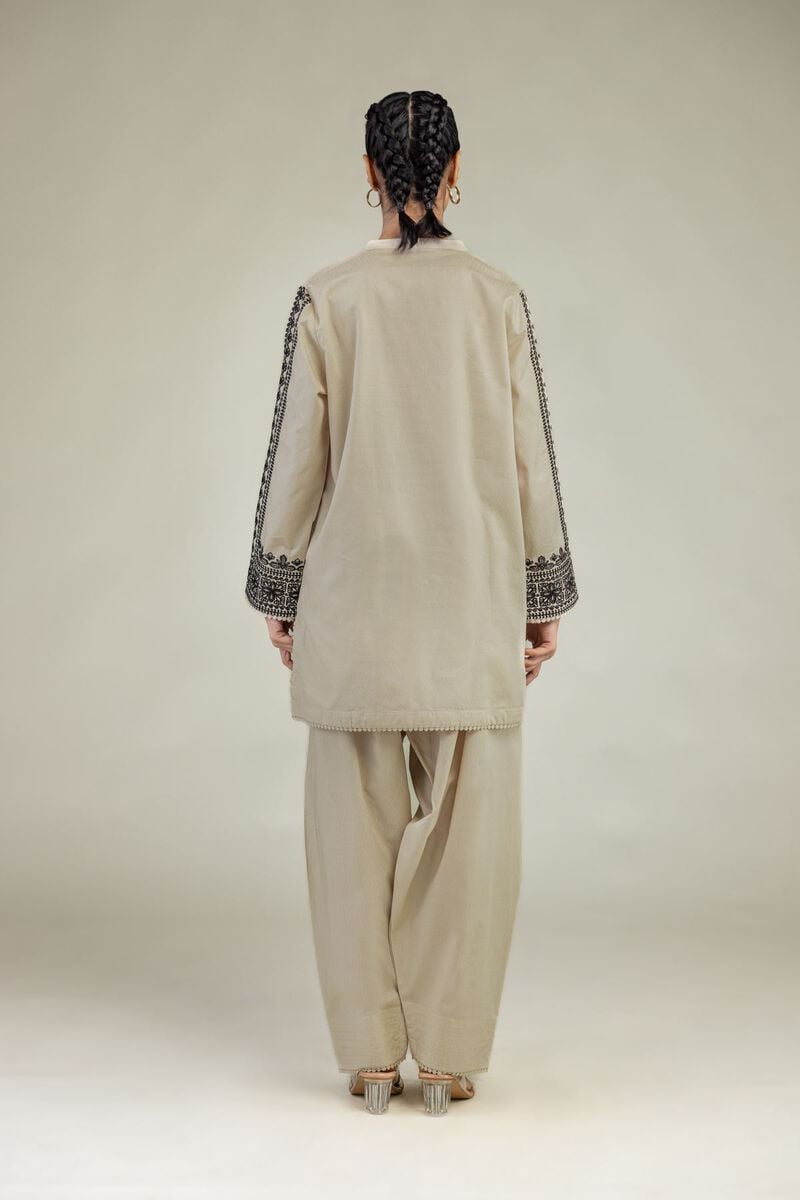 Embroidered | Cotton Dobby | Beige V-Neck Kurta | USD 45.00