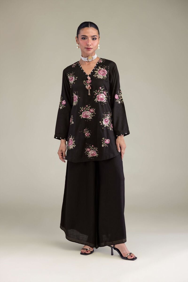 Embroidered | Raw Silk | Black Floral Kurta | USD 55.00