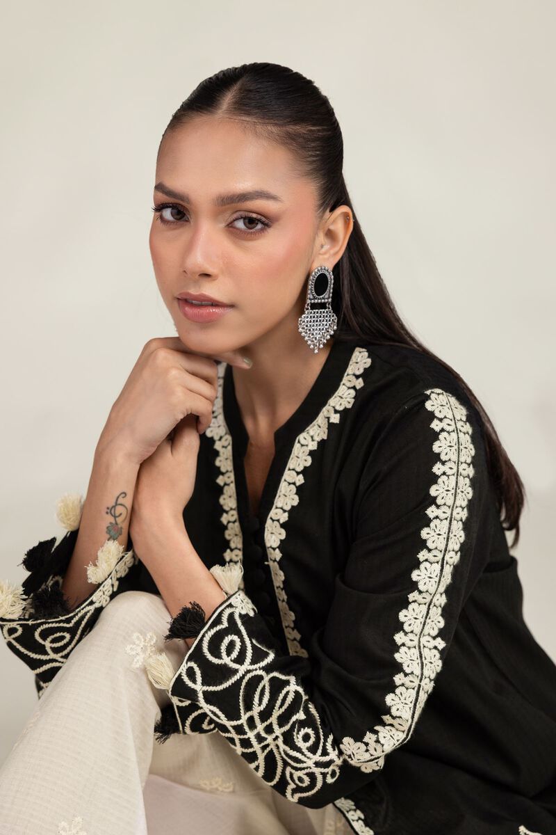 Embroidered | Cotton Dobby | Black Floral Kurta | USD 40.00