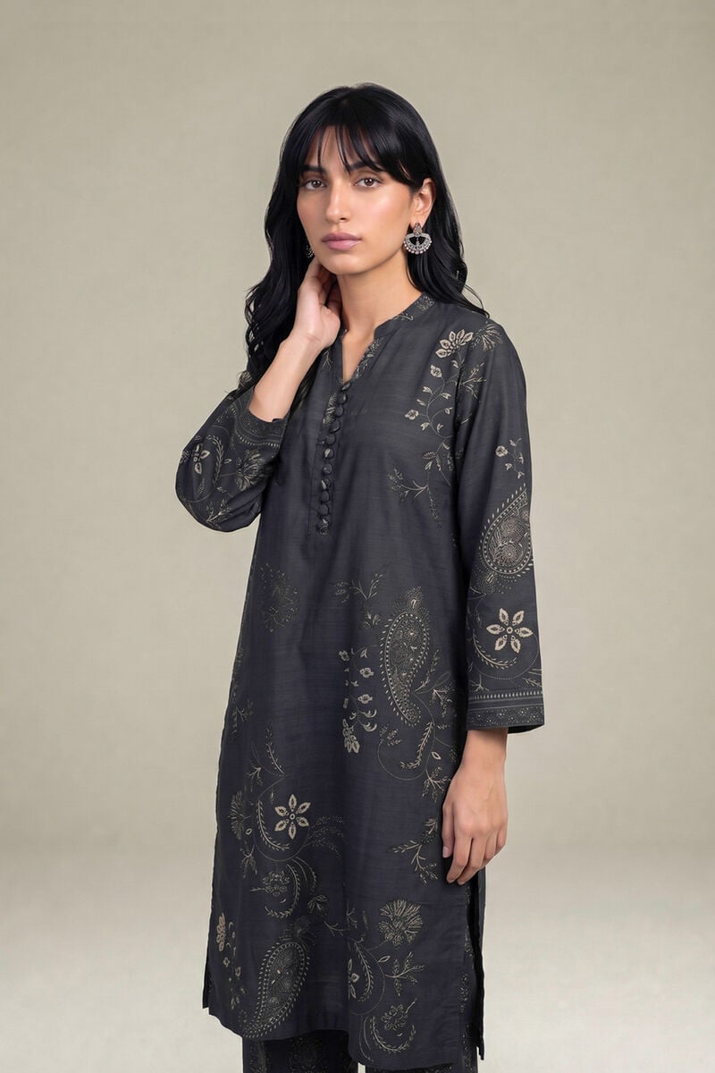 Printed | Light Khaddar | Black V-Neck Kurta | USD 40.00