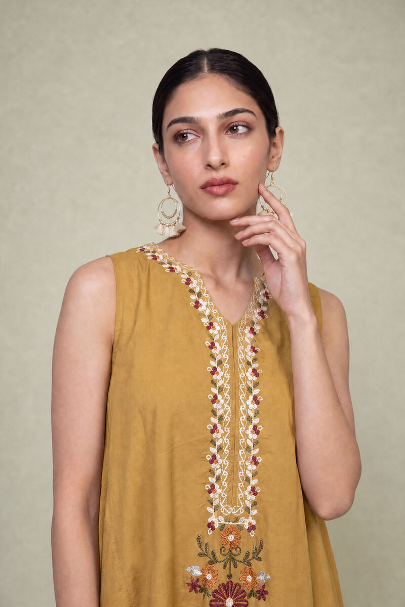 Embroidered | Cambric | Mustard Sleeveless Kurta | USD 40.00