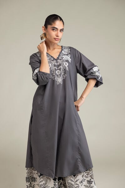 Embroidered | Cambric | Gray V-neck Kurta | USD 40.00