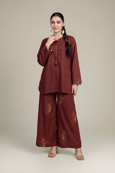 Embroidered | Raw Silk | Brown Floral Pants | USD 45.00