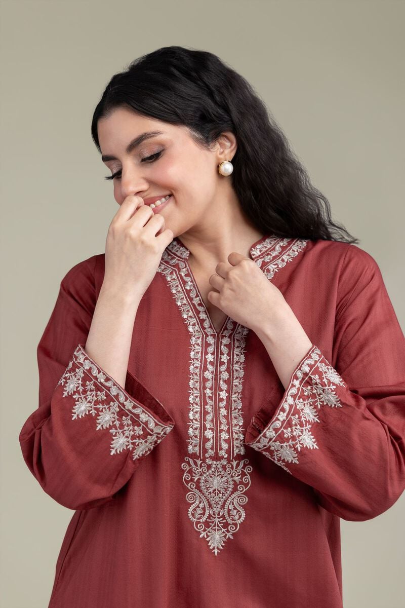 Embroidered | Cotton Dobby | Longline V-Neck Kurta | USD 45.00