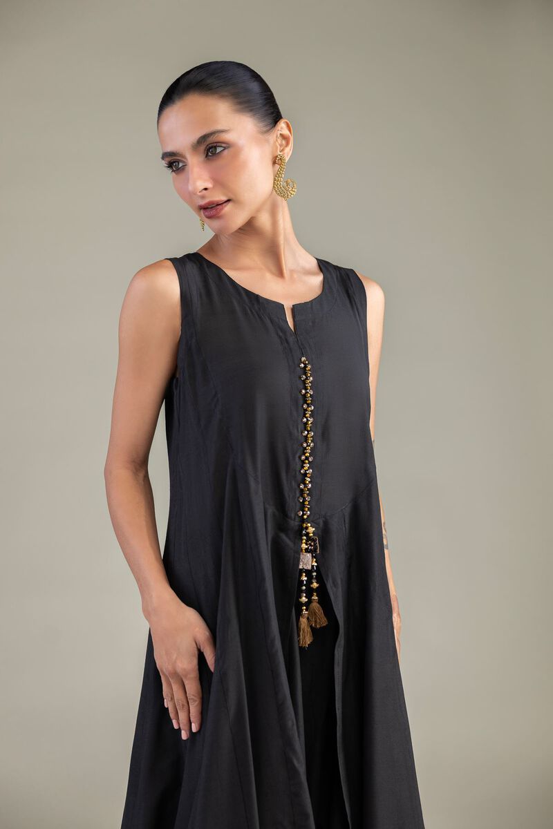 Dyed | Textured Raw Silk | Black Sleeveless Kurta | USD 55.00