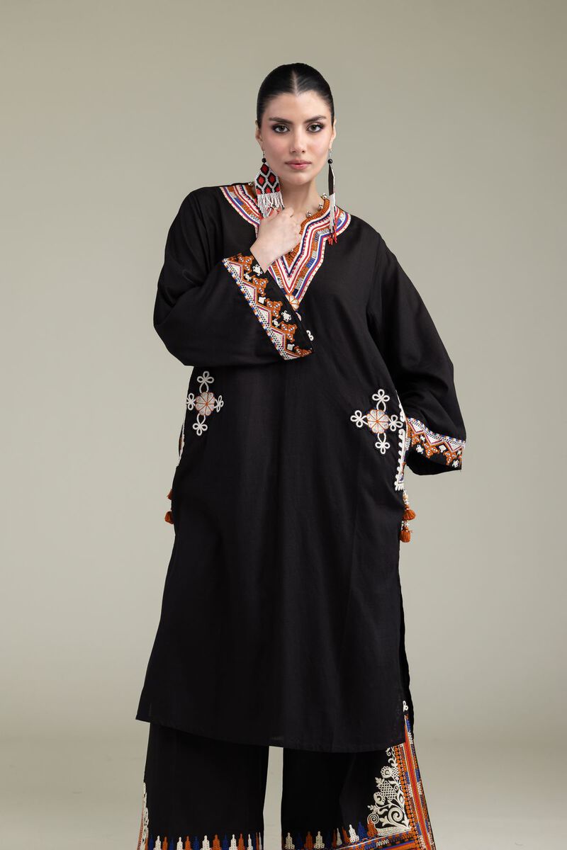 Embroidered | Raw Silk | Black Longline Kurta | USD 13.50