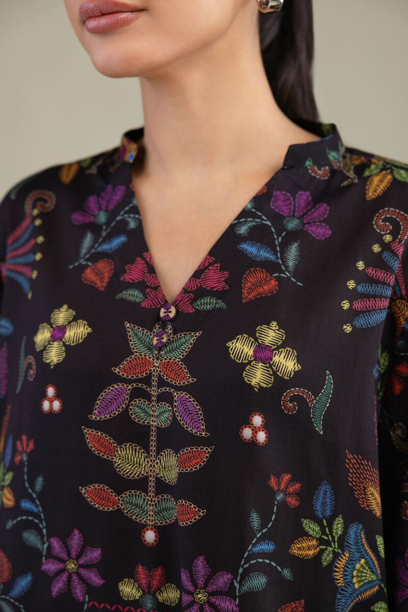 Printed | Textured Weave | Black V-Neck Kurta | USD 35.00