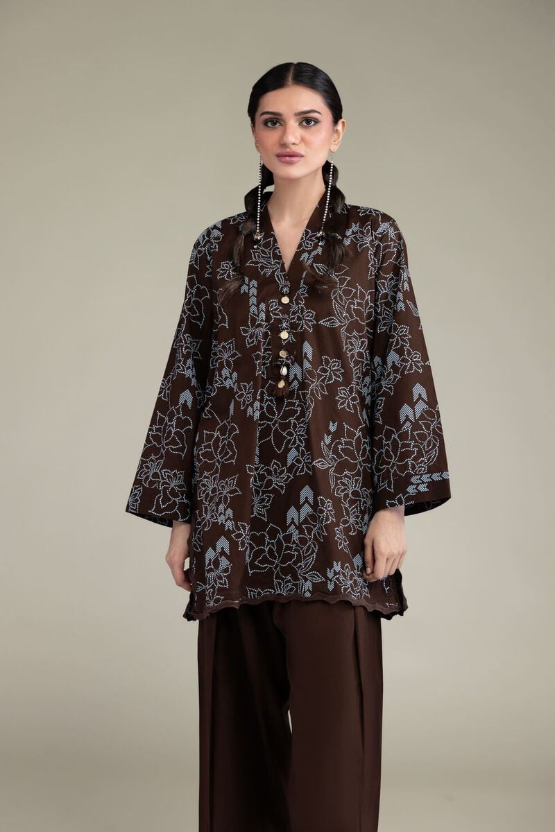 Printed | Cambric | Brown V-Neck Kurta | USD 35.00