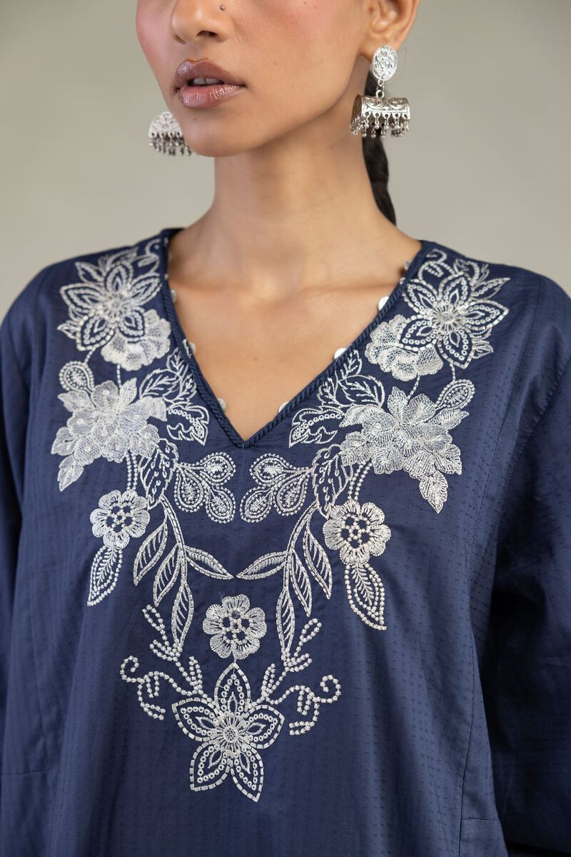 Embroidered | Cotton Dobby | Floral V-Neck Kurta | USD 45.00