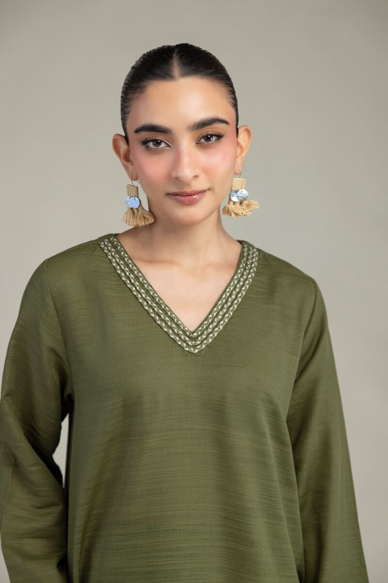 Dyed | Textured Cotton | Olive V-Neck Kurta | USD 35.00