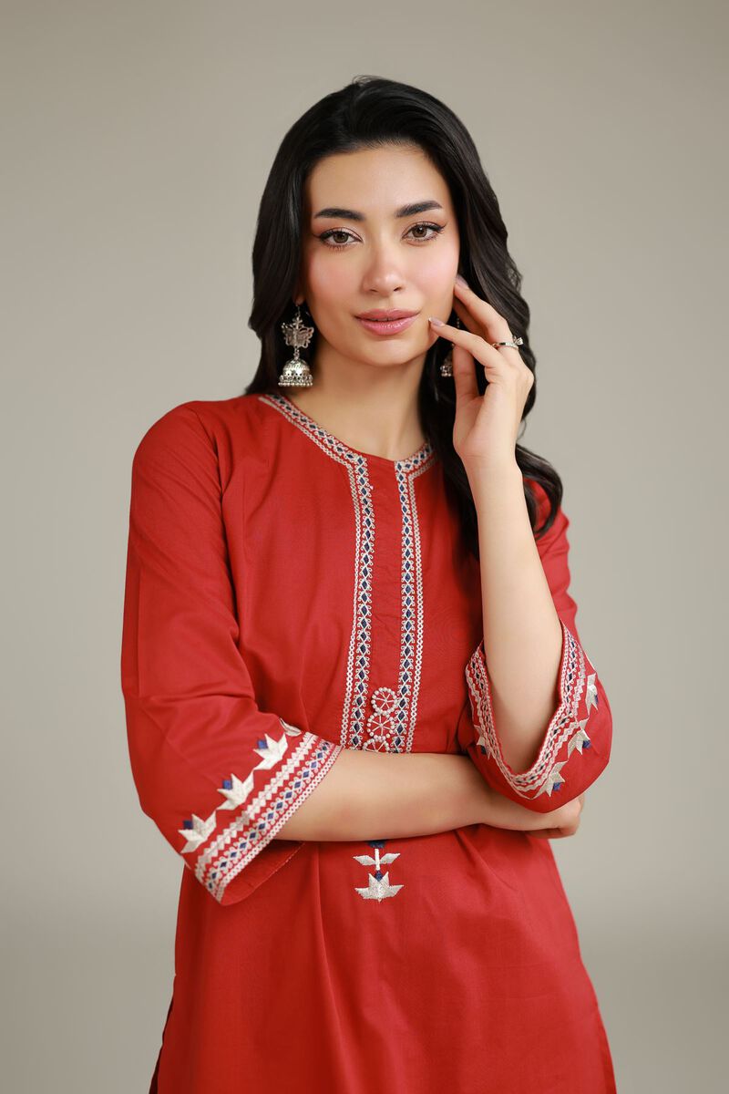 Embroidered | Cambric | Red Cambric Kurta | USD 35.00