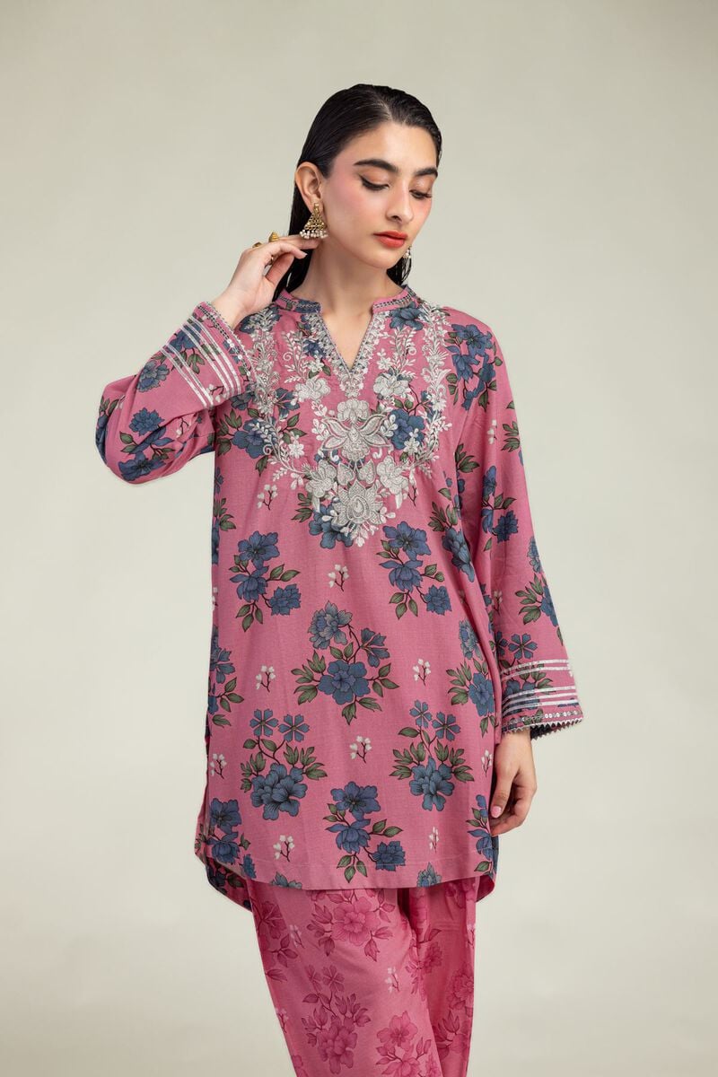 Embroidered | Raw Silk | Floral V-Neck Kurta | USD 40.00