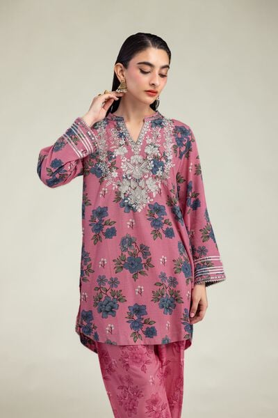 Embroidered | Raw Silk | Floral V-Neck Kurta | USD 40.00