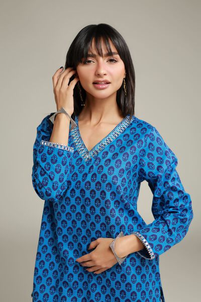 Embroidered | Cambric | Short Blue Kurta | USD 30.00