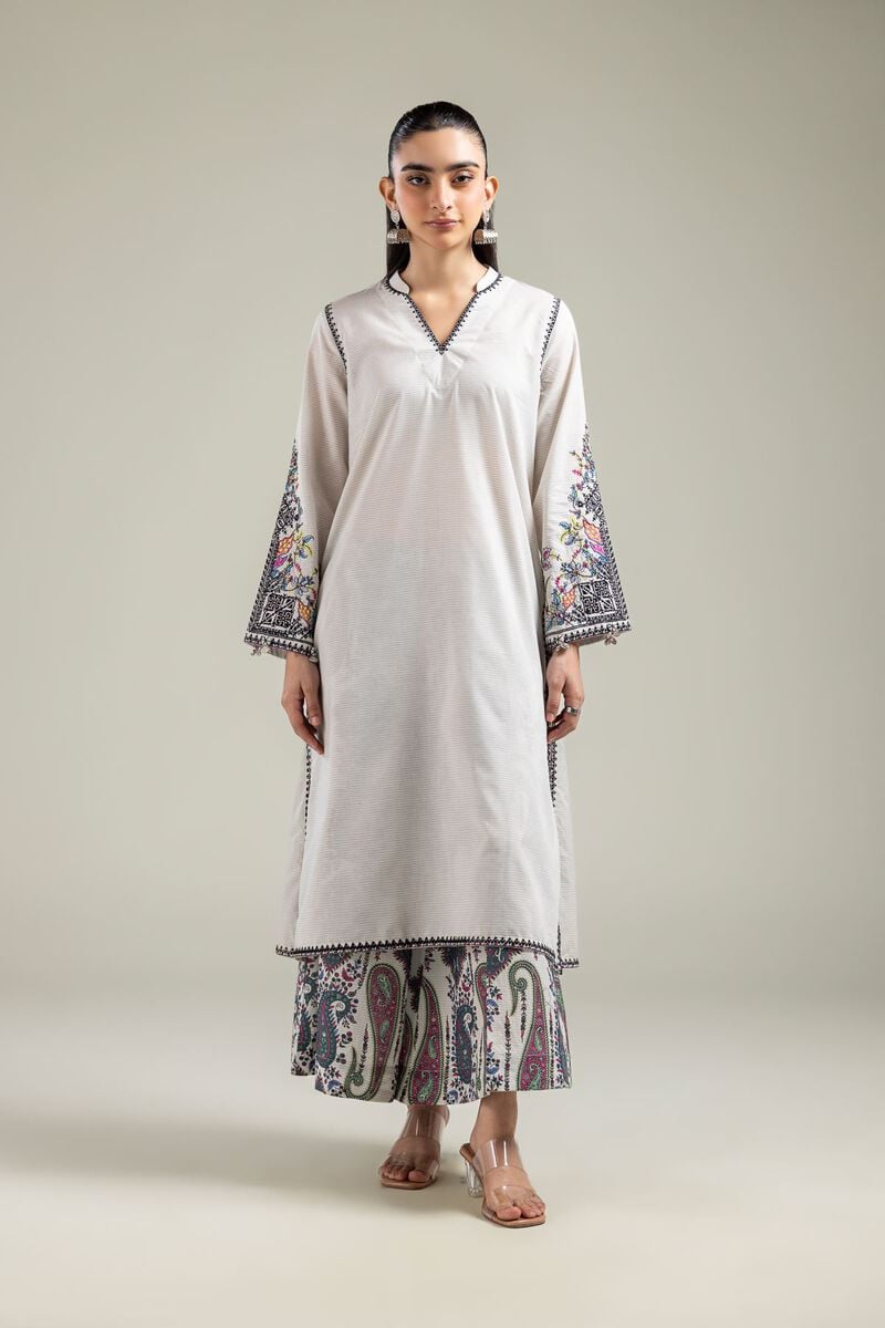 Embroidered | Mesuri | Off-White Longline Kurta | USD 45.00