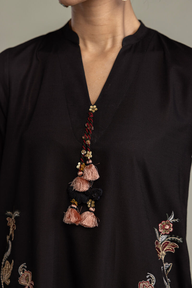 Embroidered | Raw Silk | Floral Black Kurta | USD 80.00