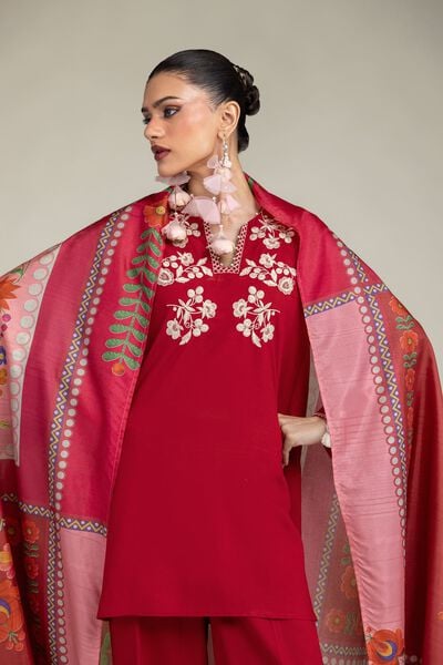 Embroidered | Raw Silk | Red Silk Kurta | USD 45.00