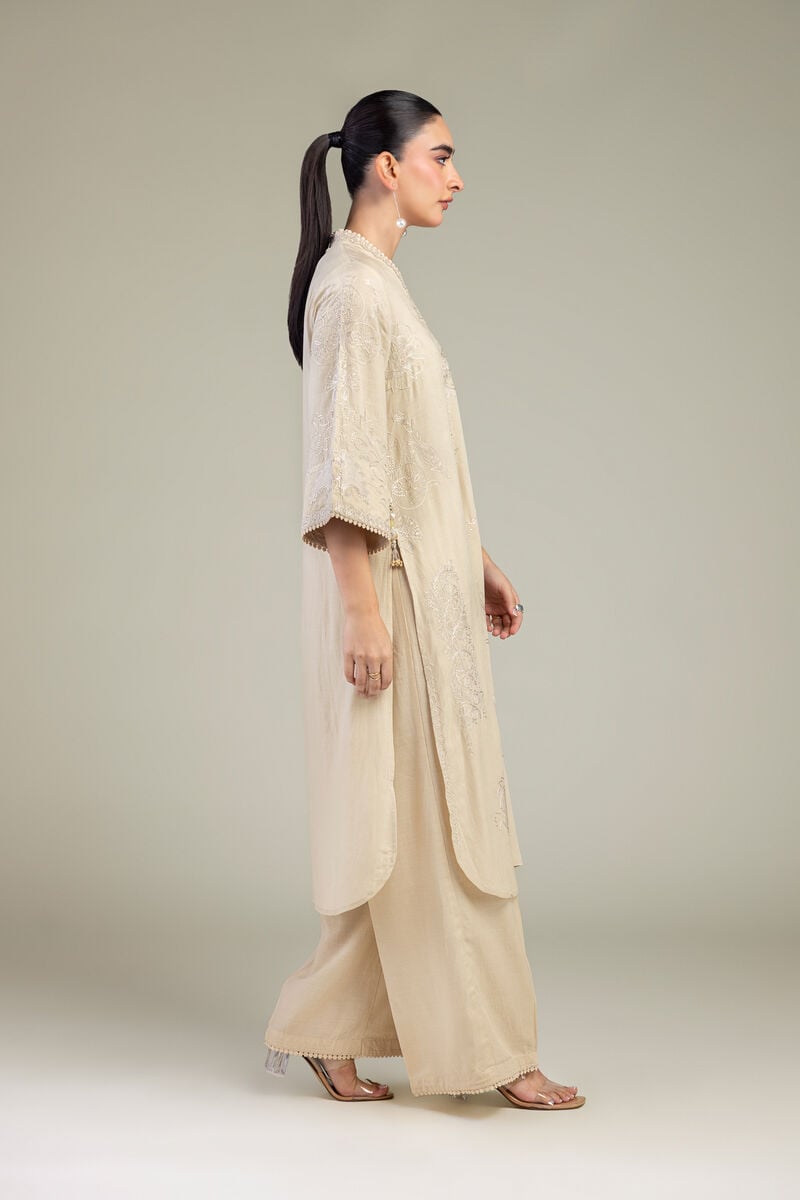 Embroidered | Raw Silk | Beige Solid Pants | USD 30.00