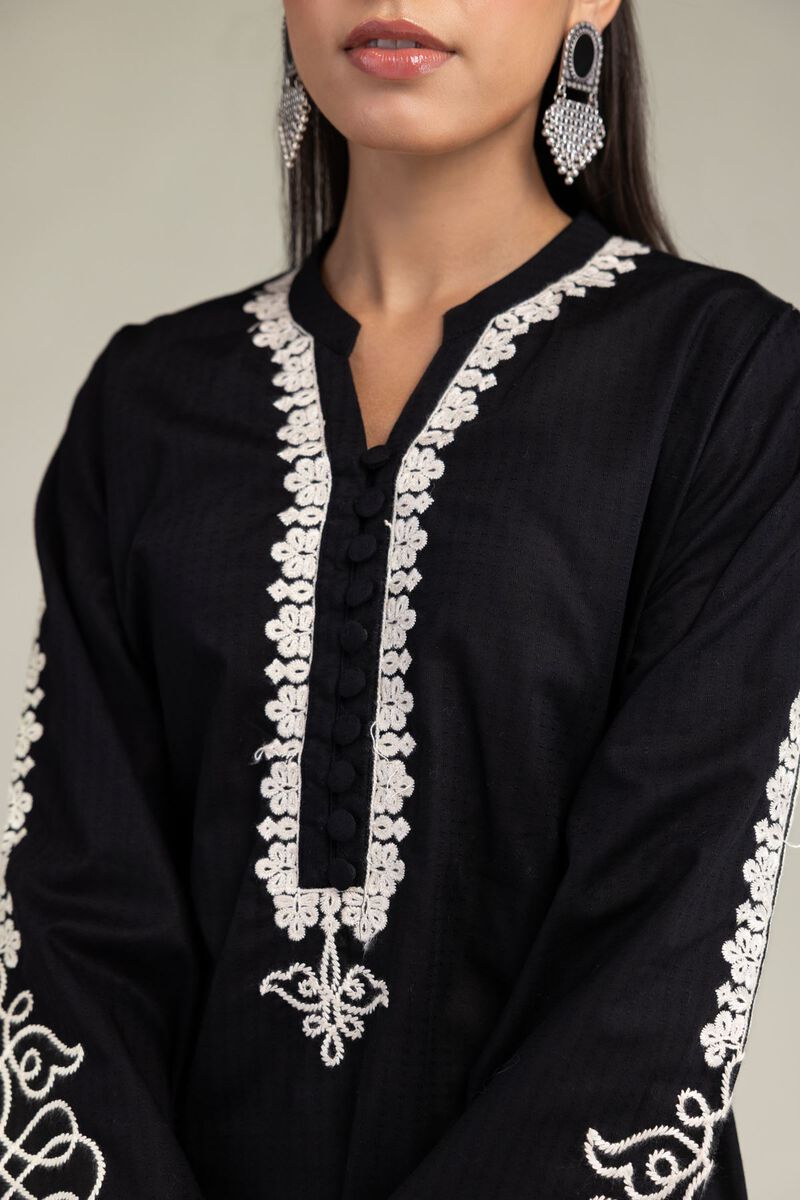 Embroidered | Cotton Dobby | Black Floral Kurta | USD 40.00